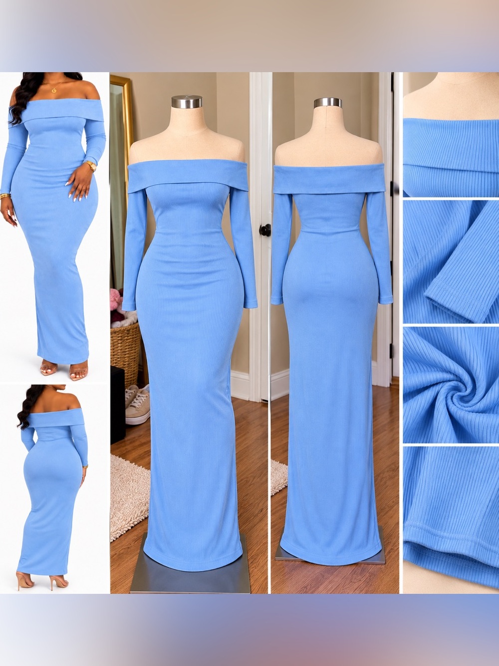 Off-Shoulder Ribbed Knit Maxi Dress in Blue